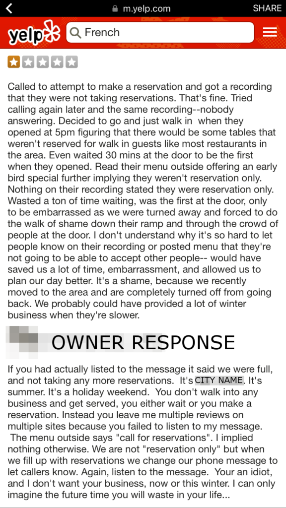 Redacted Yelp Review & Response